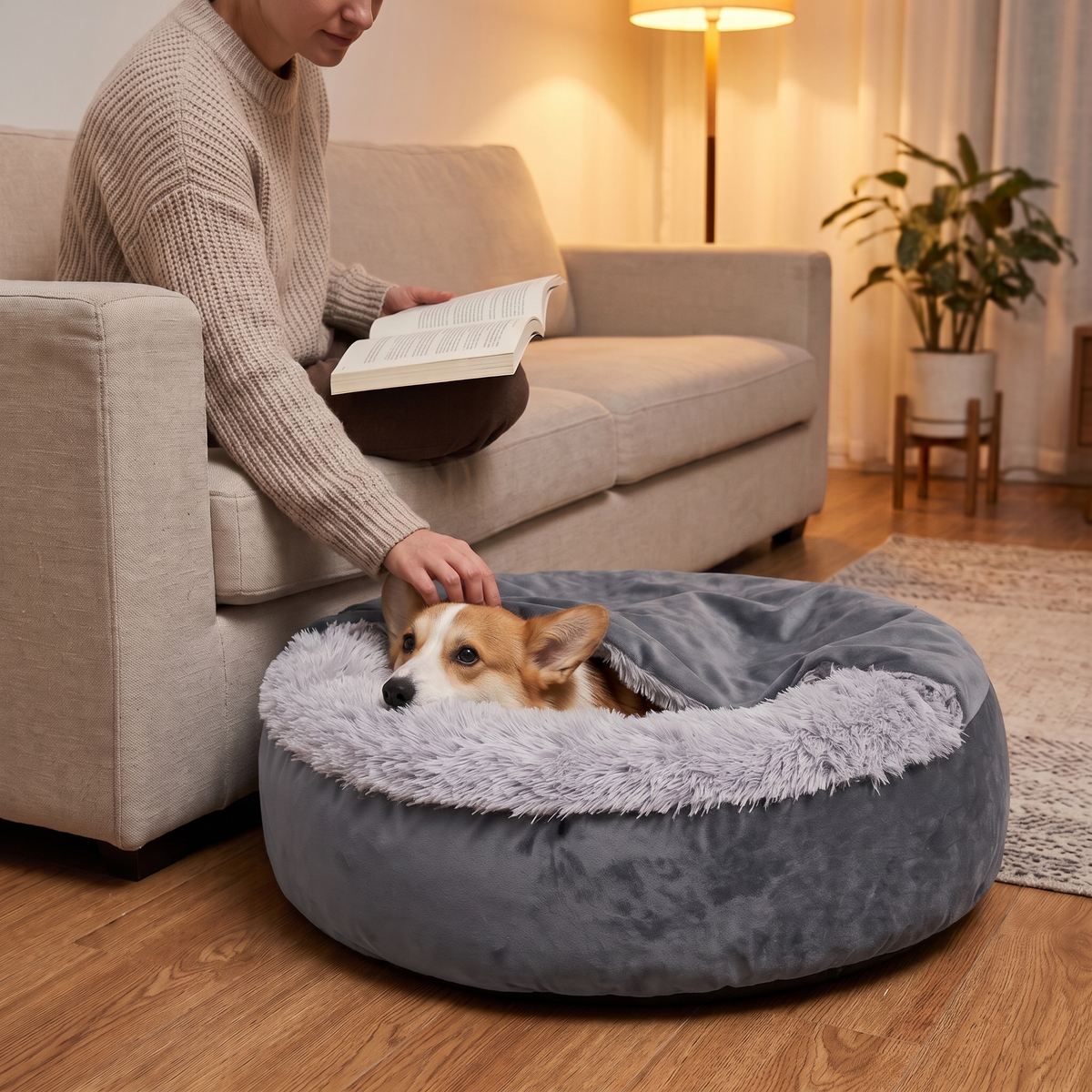 CuddleCave – Corgi liegt im Bett direkt neben dem Sofa