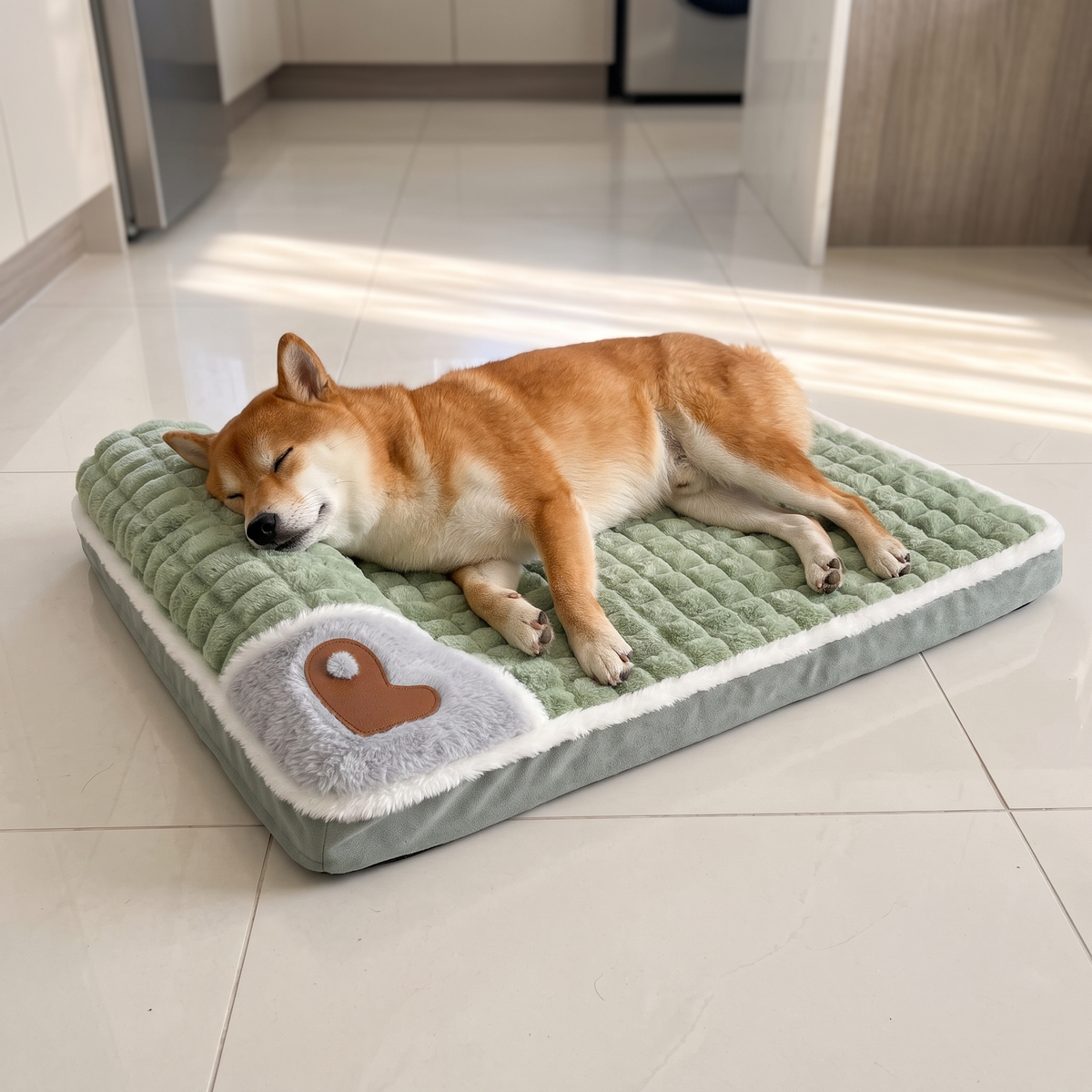 Shiba Inu liegt entspannt auf SnugPad auf Küchenfliesen