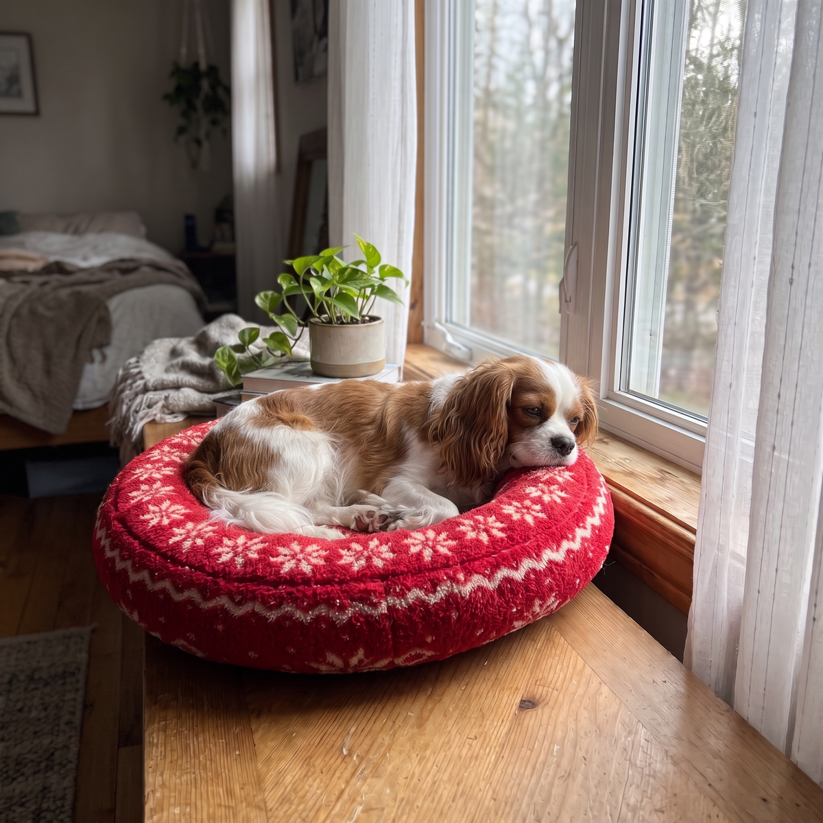 CozyRing – Hund liegt entspannt im roten Schneeflocken-Bett am Fenster