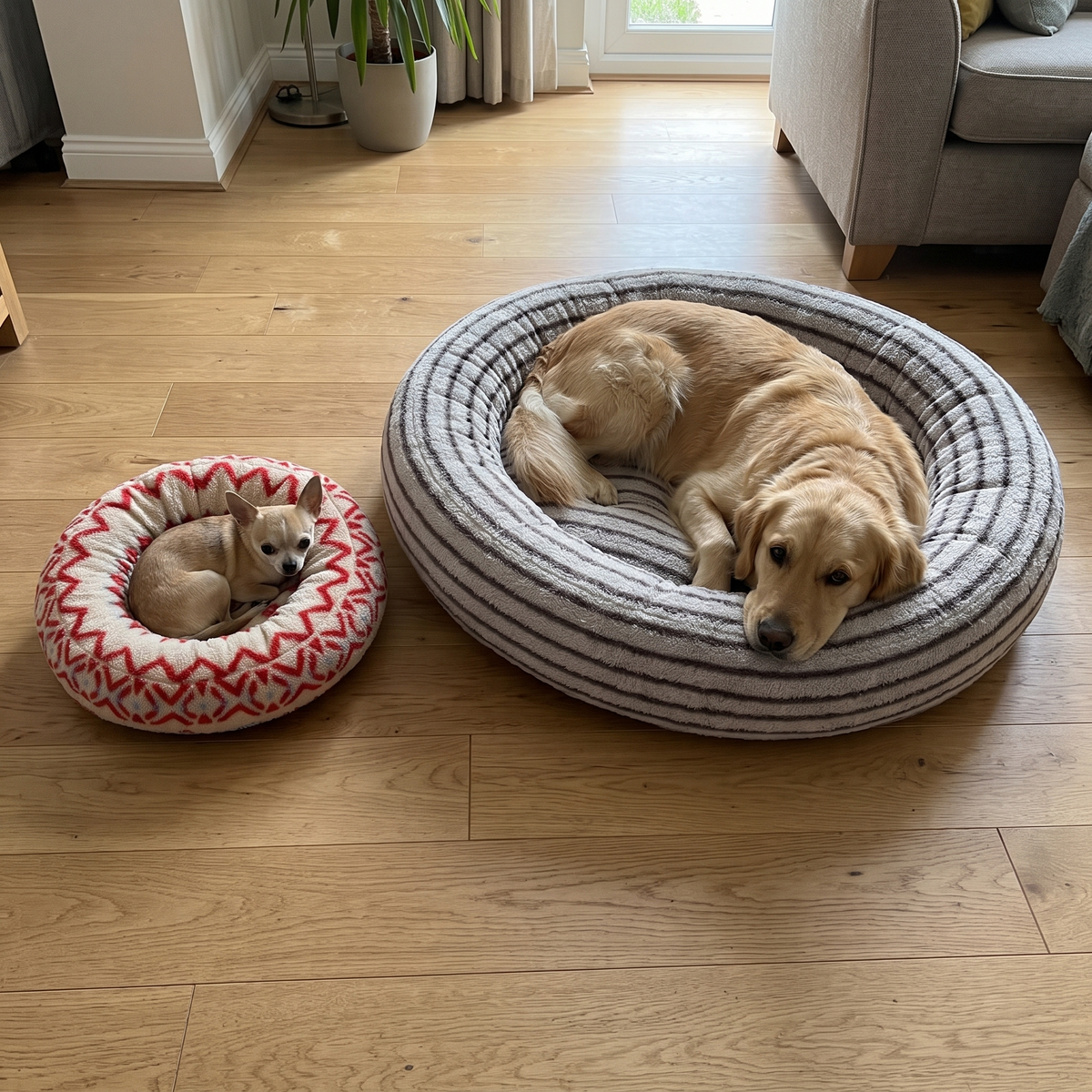CozyRing – Chihuahua im kleinen und Golden Retriever im großen Bett