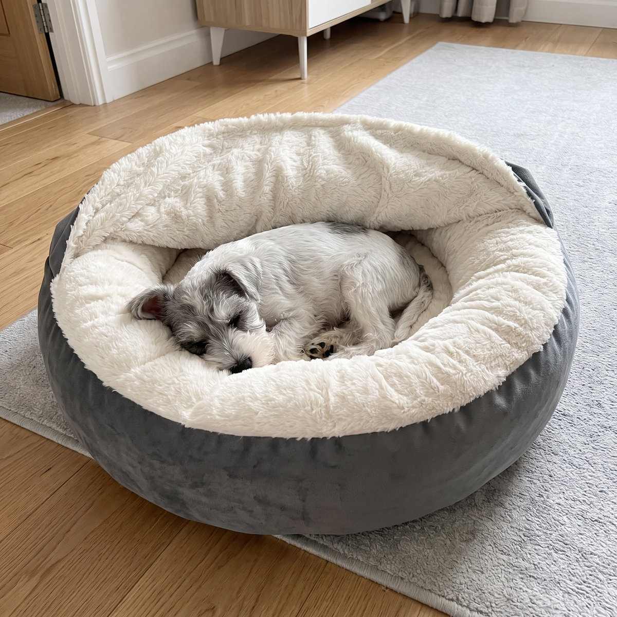 CuddleCave – Decke zurückgeschlagen: Kunstfell innen und über dem Rand, Schnauzer-Welpe schläft