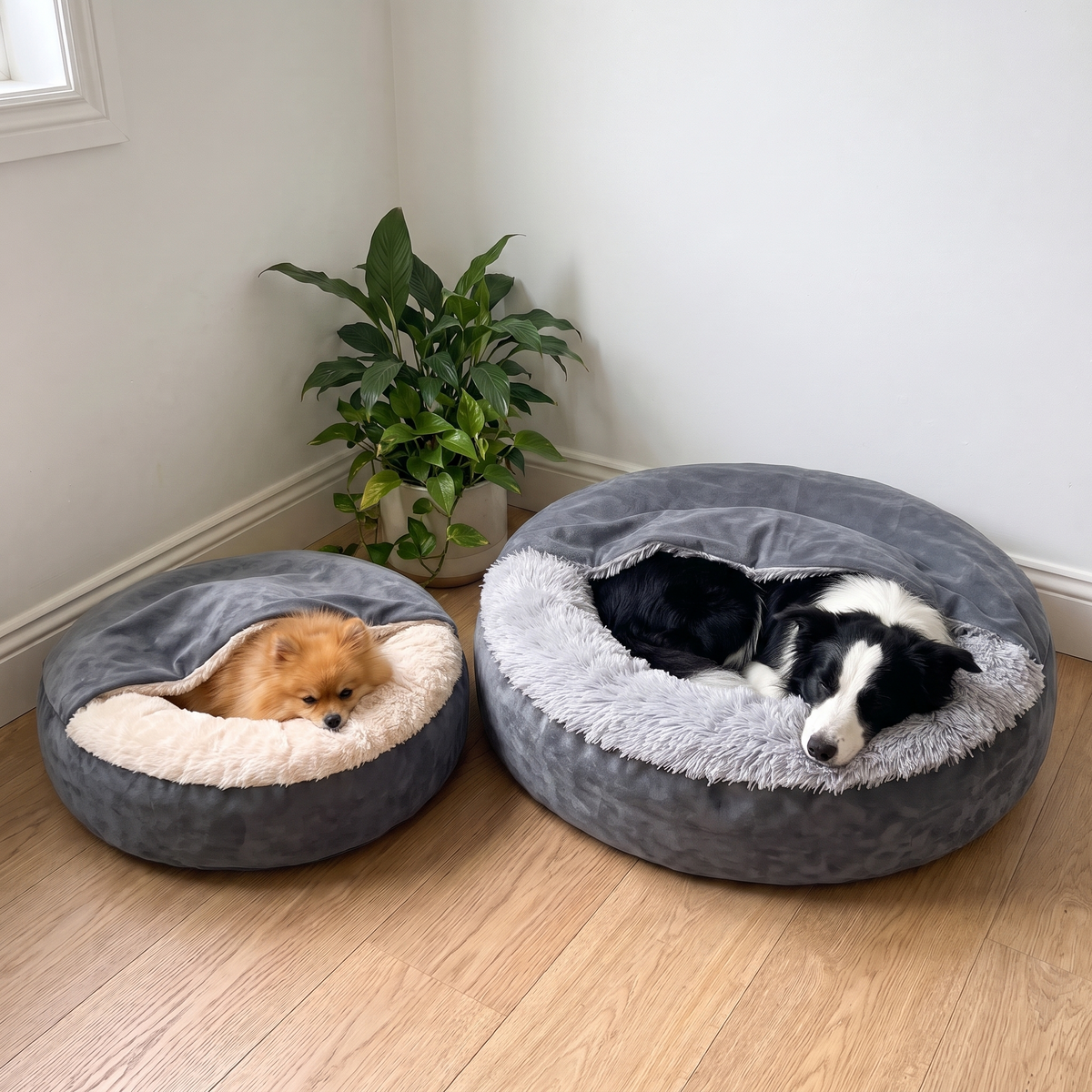 CuddleCave – Zwei Größen in Grau-Beige und Grau nebeneinander