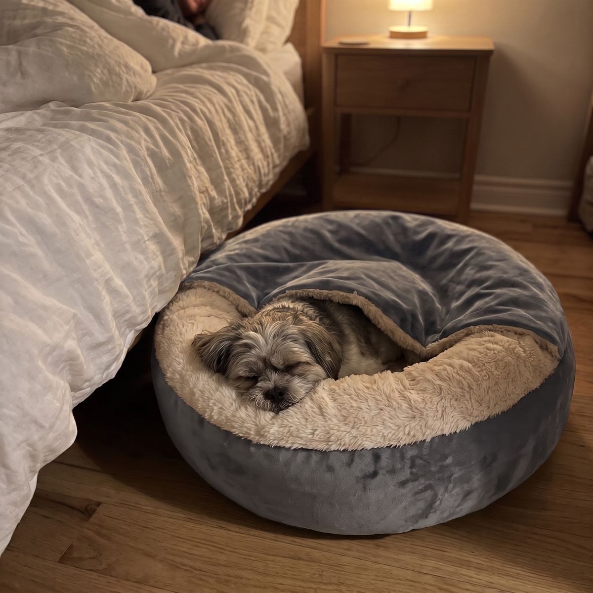 CuddleCave – Hund schläft nachts unter der Decke neben dem Bett