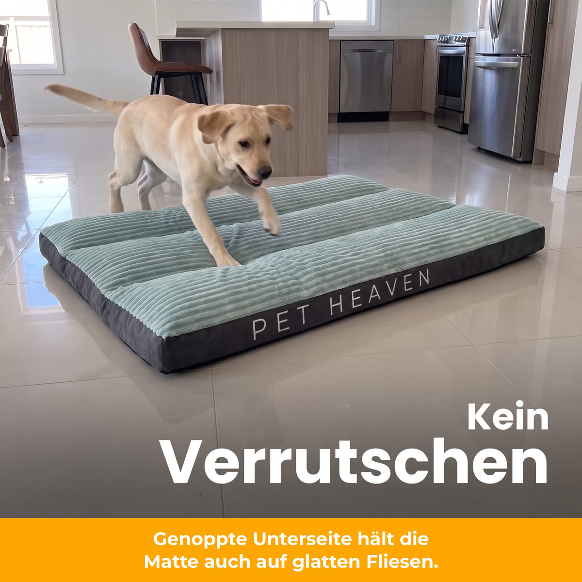 [de] DreamPad – Labrador springt auf DreamPad, die Matte bleibt auf Fliesen liegen