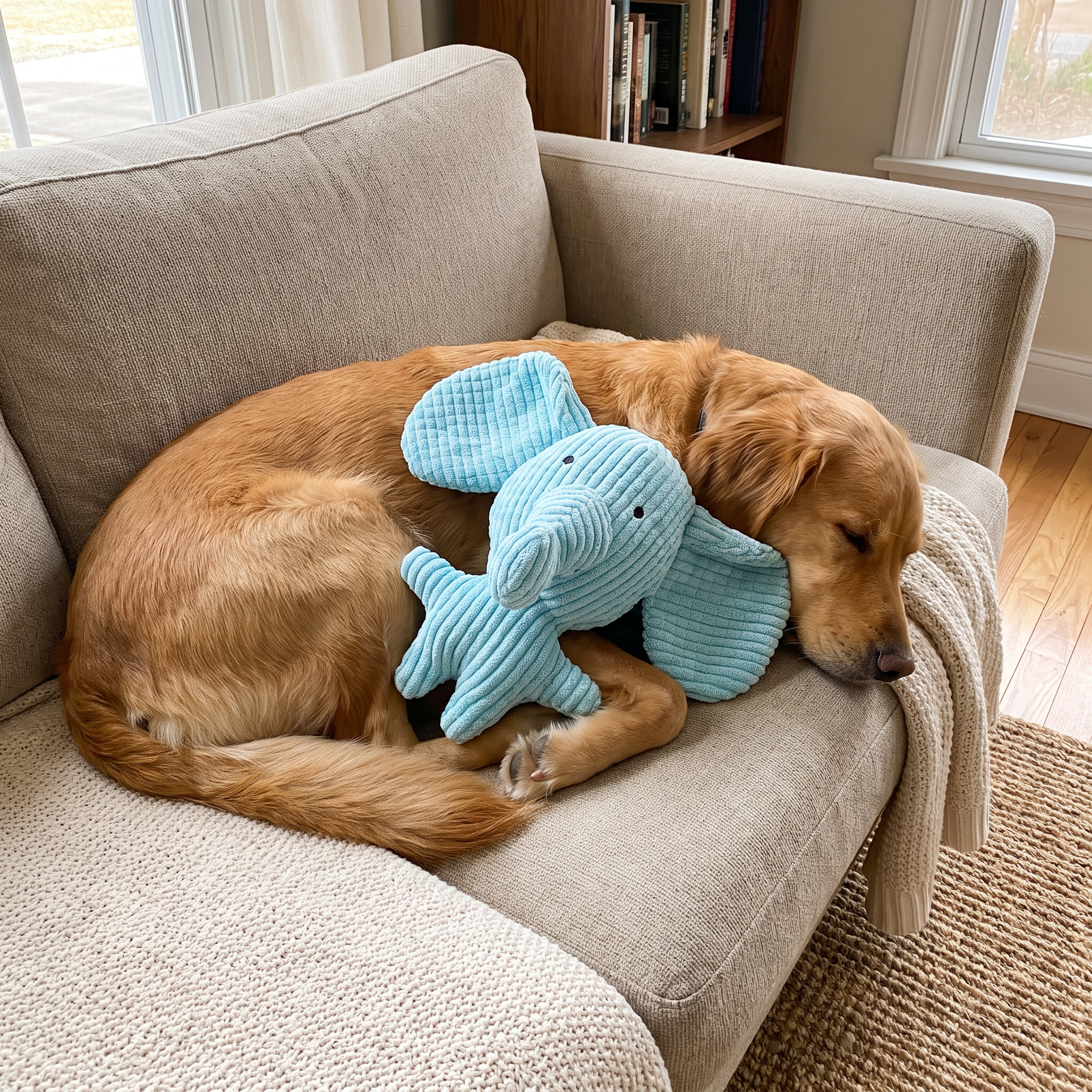 Hund kuschelt mit dem KauElefant auf dem Sofa