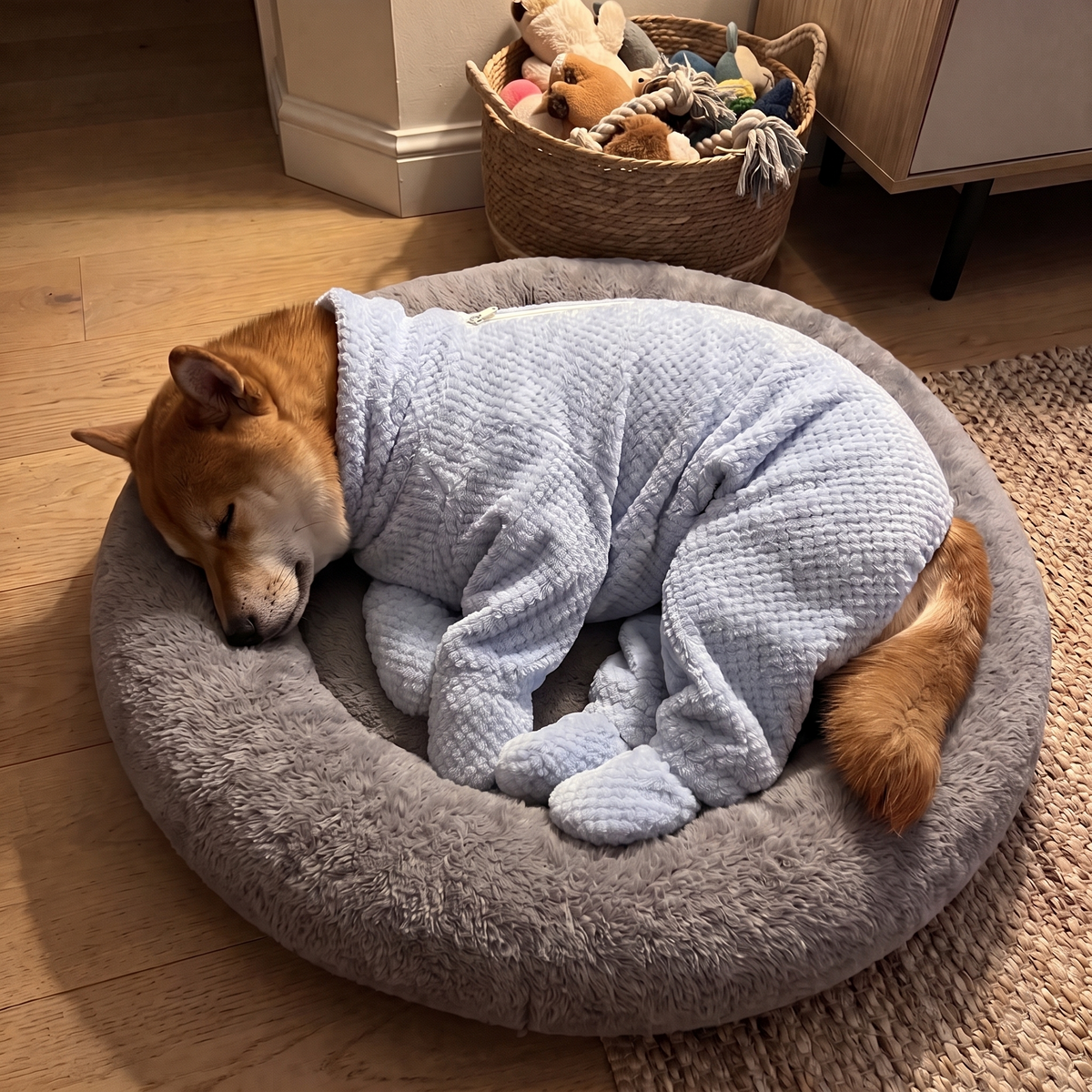 FluffDry Hunde-Bademantel – Hund schläft trocken im Körbchen