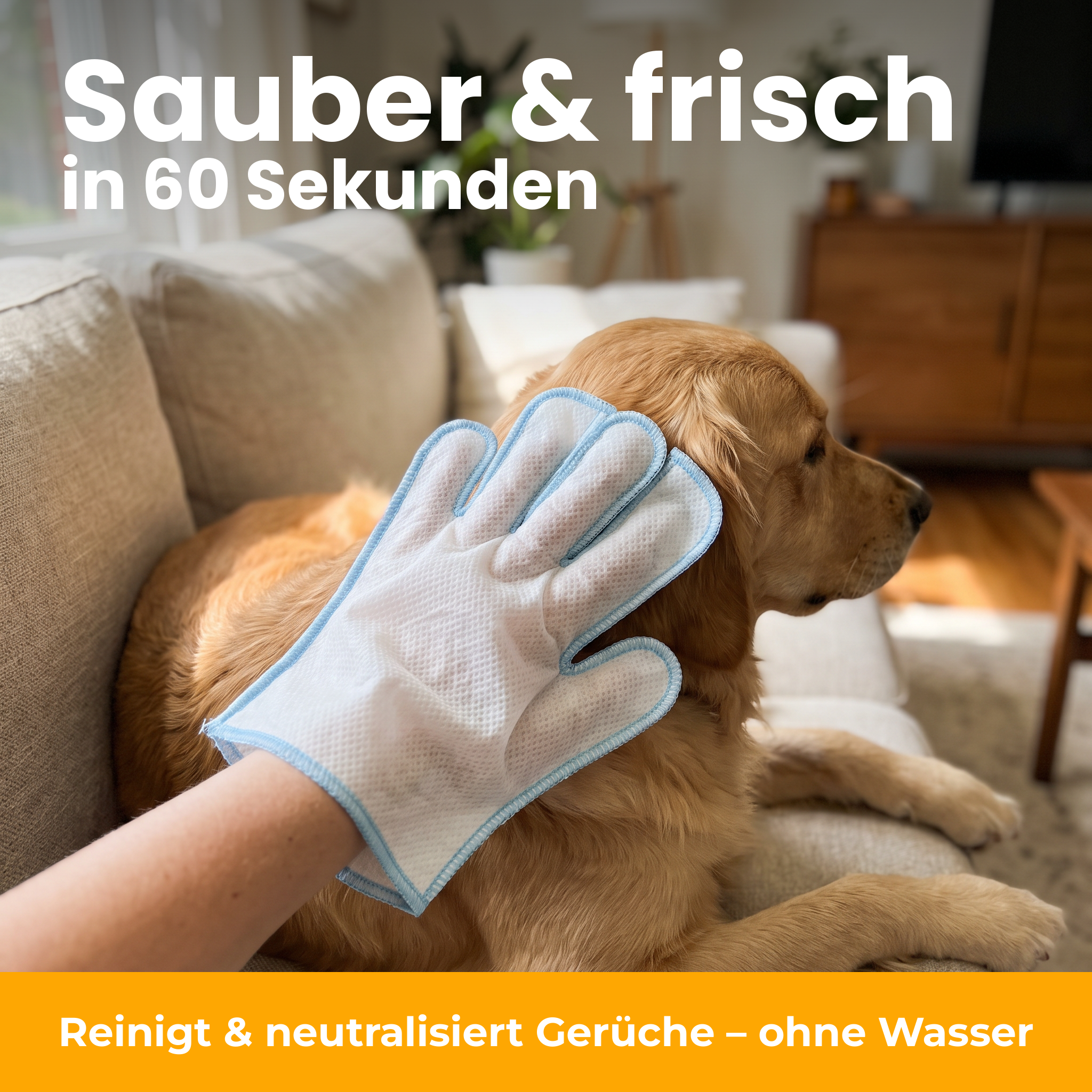 [de] Reinigungshandschuh reinigt Hund auf dem Sofa in 60 Sekunden