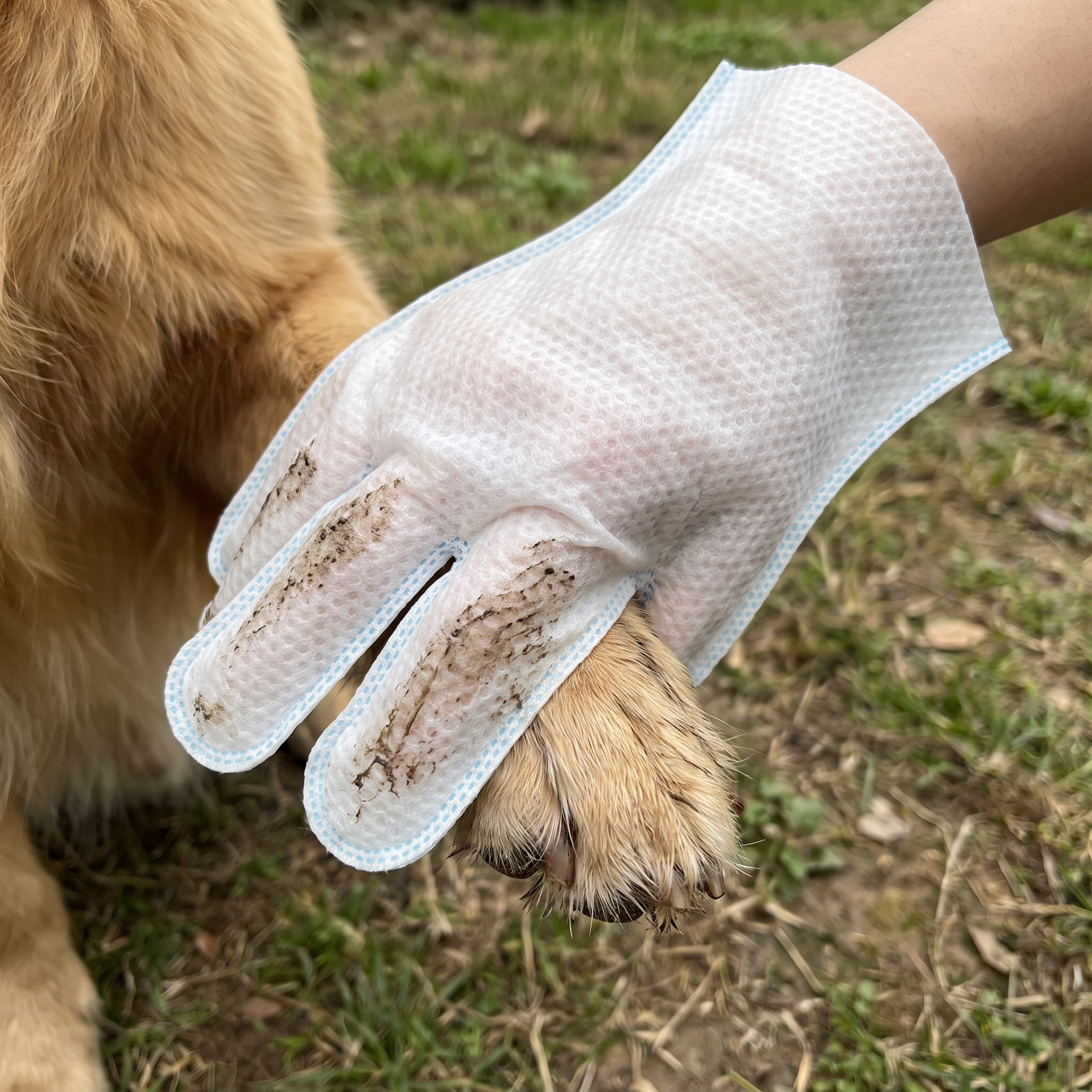 Nahaufnahme: FreshFur Handschuh nimmt Schmutz von der Pfote auf