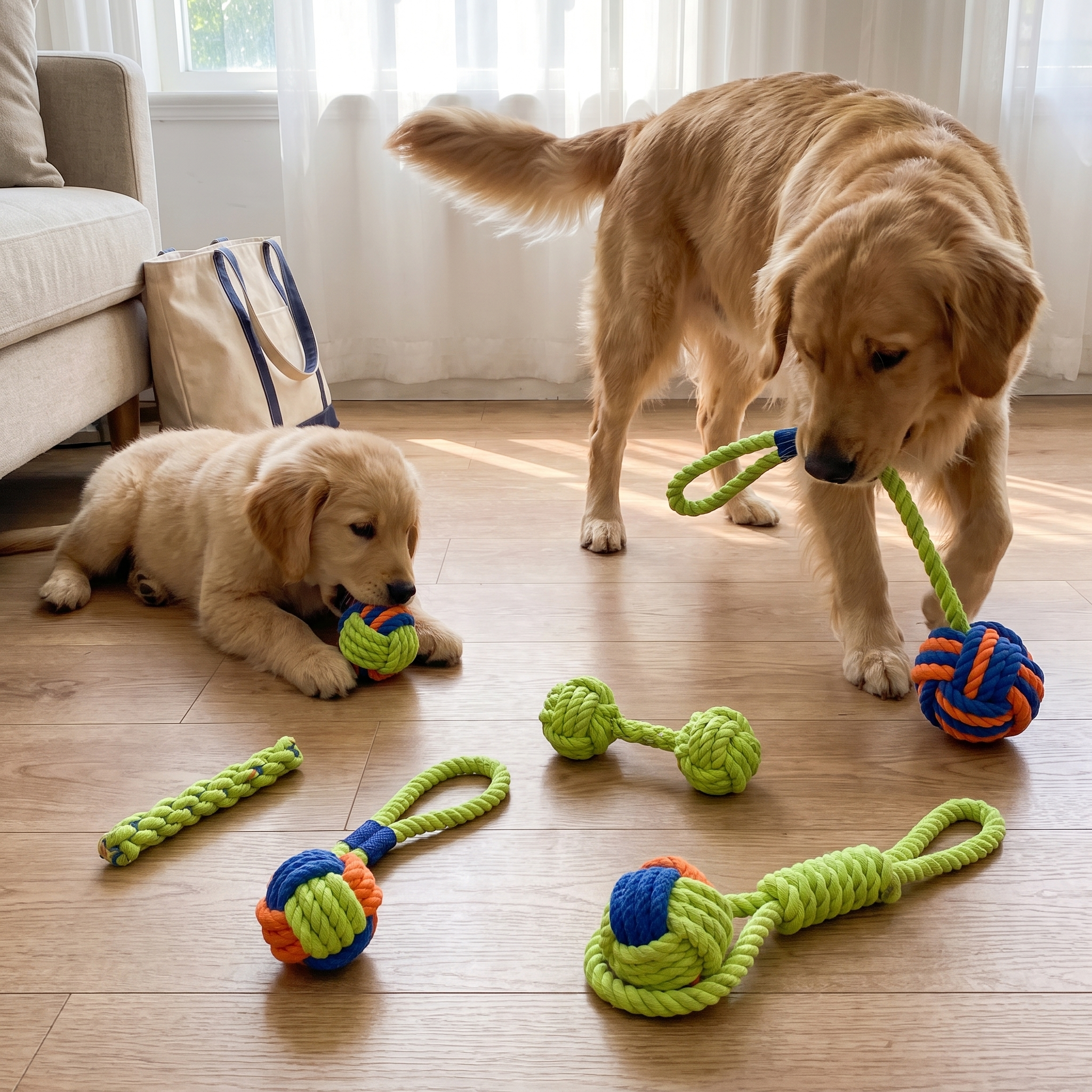 KauStark Welpe und großer Hund spielen mit dem Set