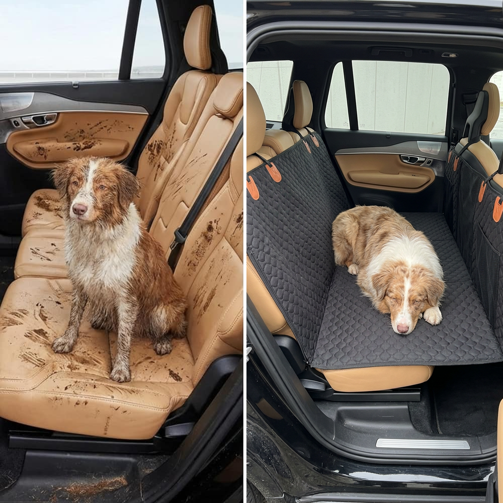 Vorher: verdreckte Ledersitze, nachher: Hund auf dem Rücksitzschutz