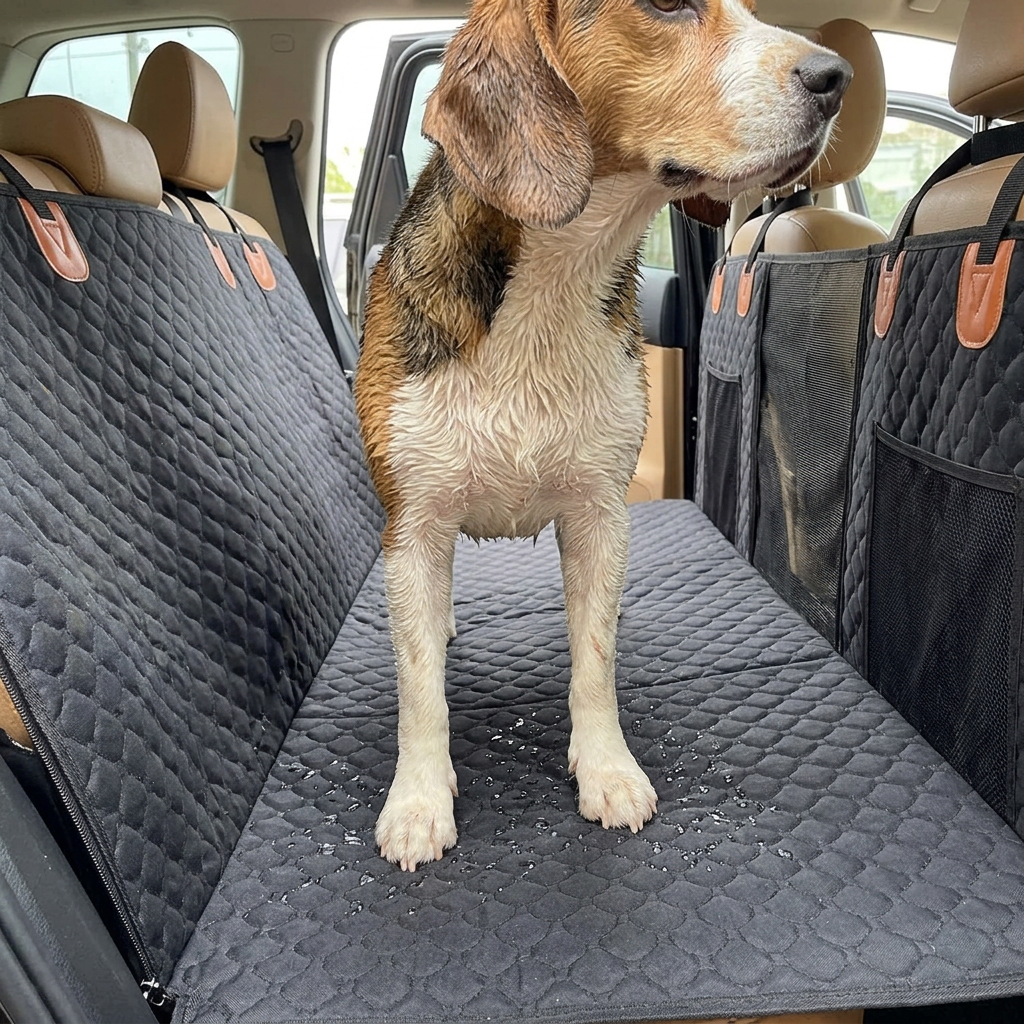Nasser Beagle auf dem wasserdichten Rücksitzschutz