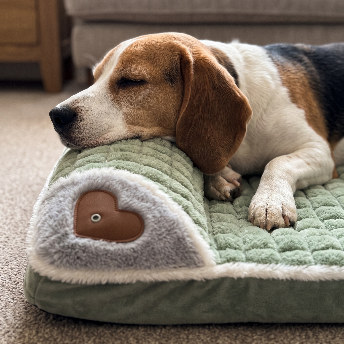 Beagle legt das Kinn auf das Kopfkissen der SnugPad Hundematte