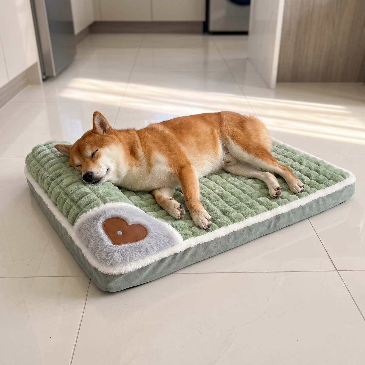 Shiba Inu liegt entspannt auf SnugPad auf Küchenfliesen