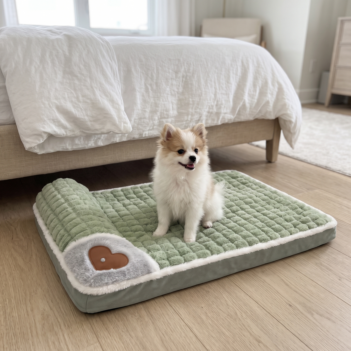Kleiner Hund sitzt auf der SnugPad Hundematte im Schlafzimmer