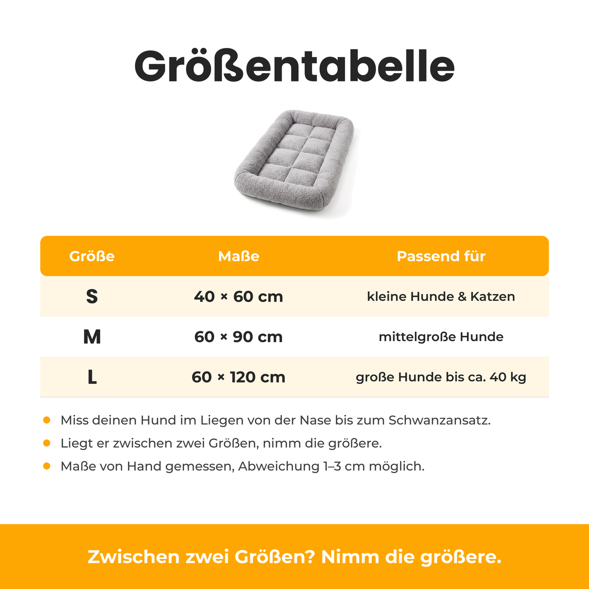[de] TeddyBed – Größentabelle S bis L