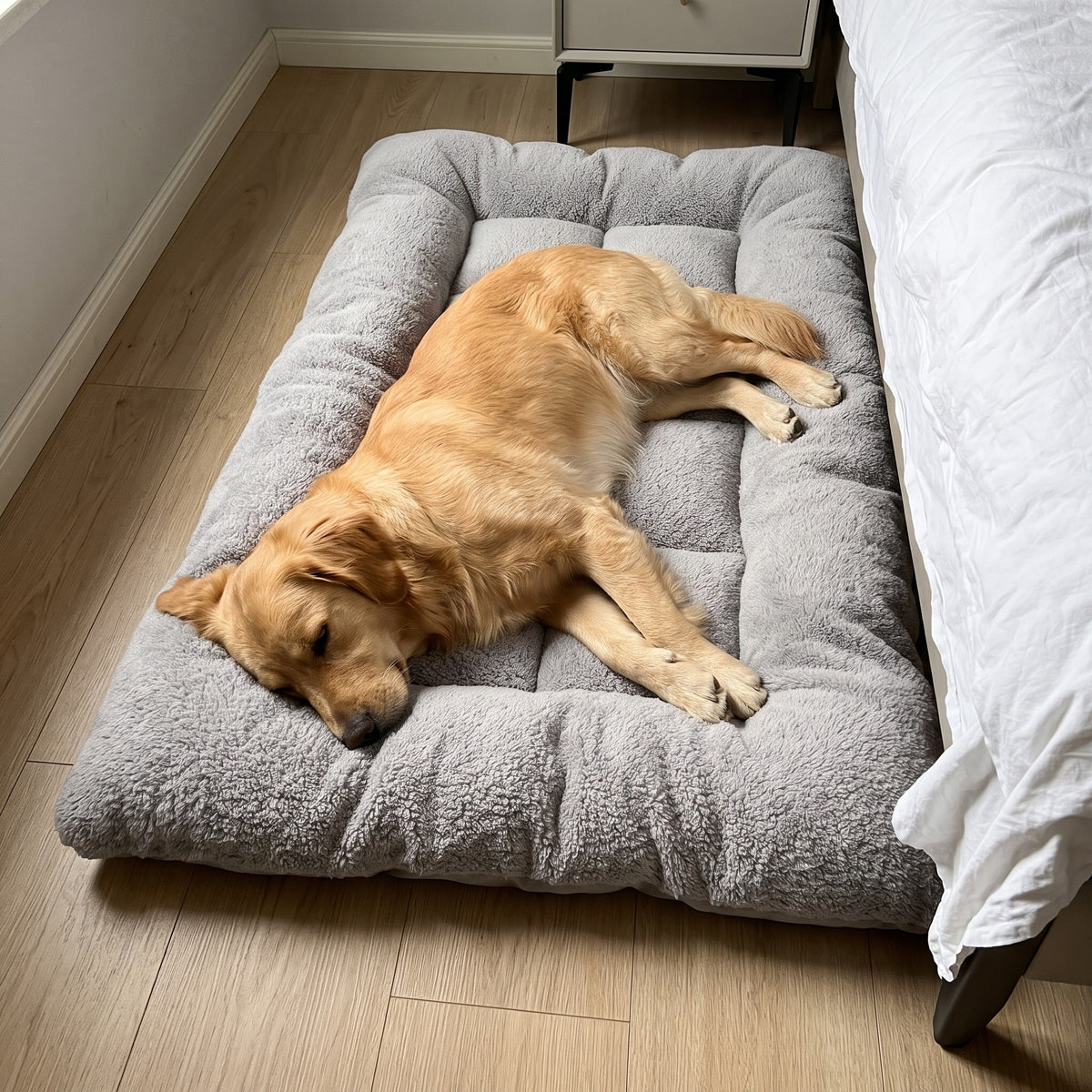 TeddyBed – Golden Retriever schläft im TeddyBed neben dem Bett, Kopf auf dem Rand